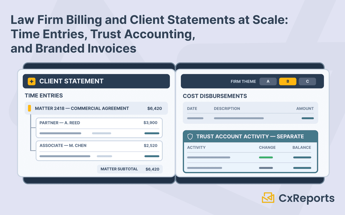 Law Firm Billing and Client Statements at Scale: Time Entries, Trust Accounting, and Branded Invoices