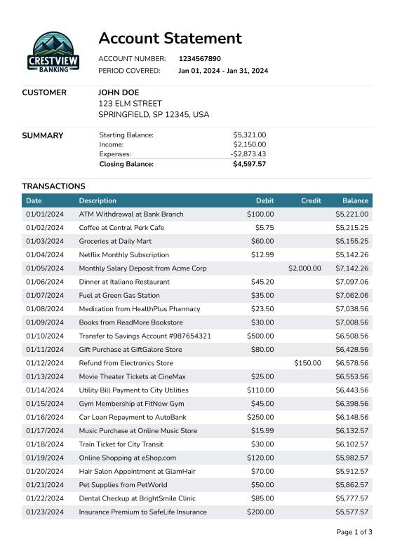 Bank Account Statement Report Preview