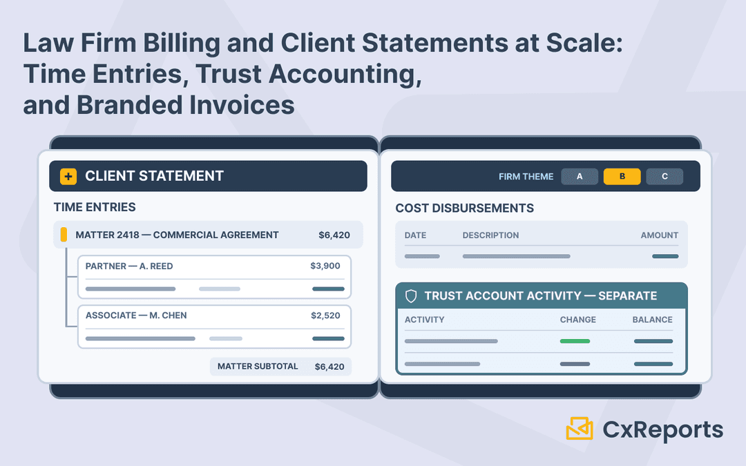 Law Firm Billing and Client Statements at Scale: Time Entries, Trust Accounting, and Branded Invoices
