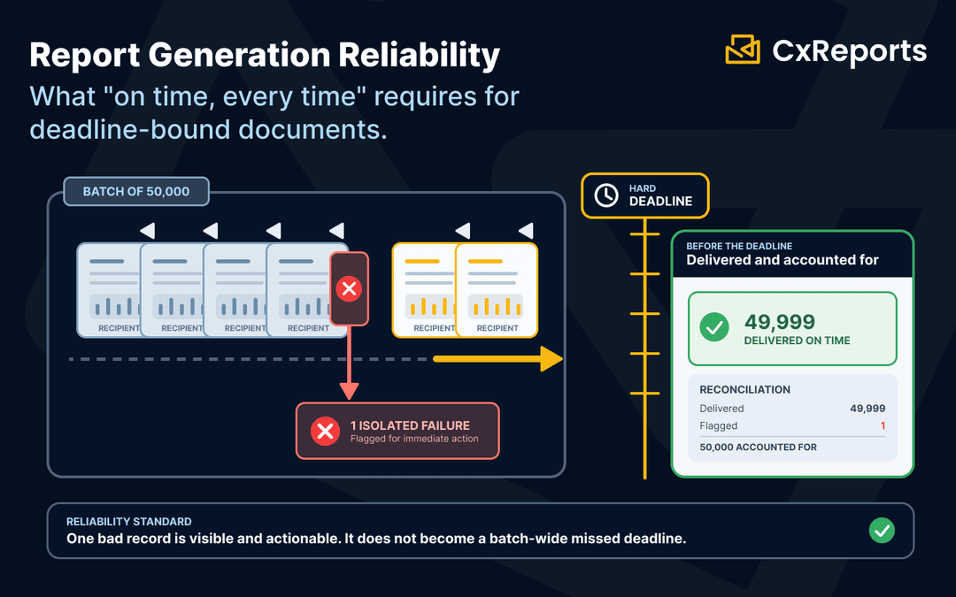 Report Generation Reliability: What "On Time, Every Time" Actually Requires for Legally Required Documents