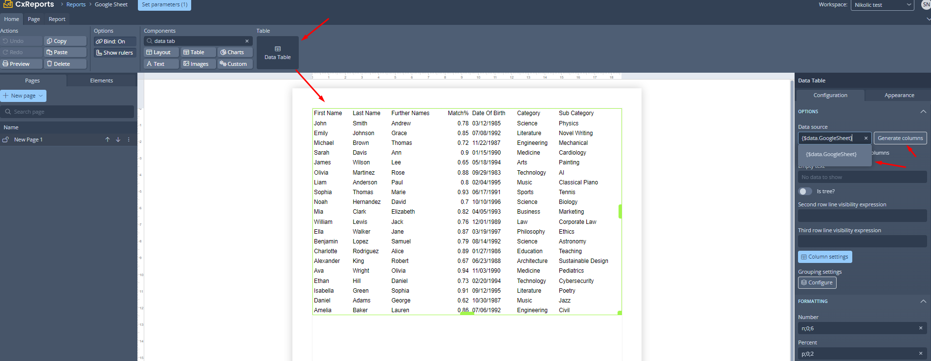 Display data with Data Table in CxReports