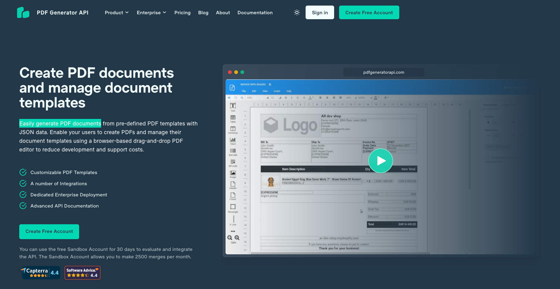 PDFGeneratorAPI website hero section